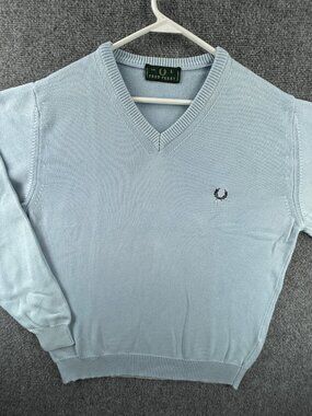 VTG Fred Perry Sweater Light Blue V Neck Embroidered Logo Large Italy Cotton